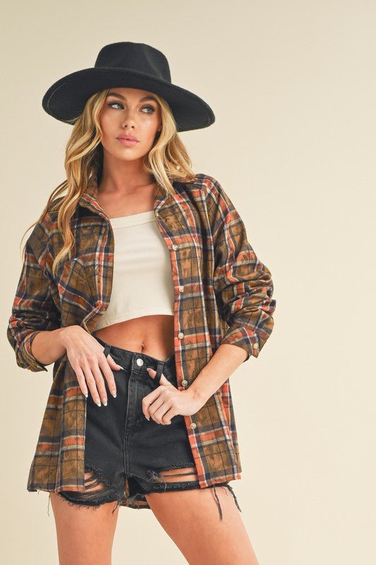 Aemi + Co Washed Plaid Flannel Side Step Hem Shirt - Pistols 'n Petticoats - #westernboutique# - #westernfashion#