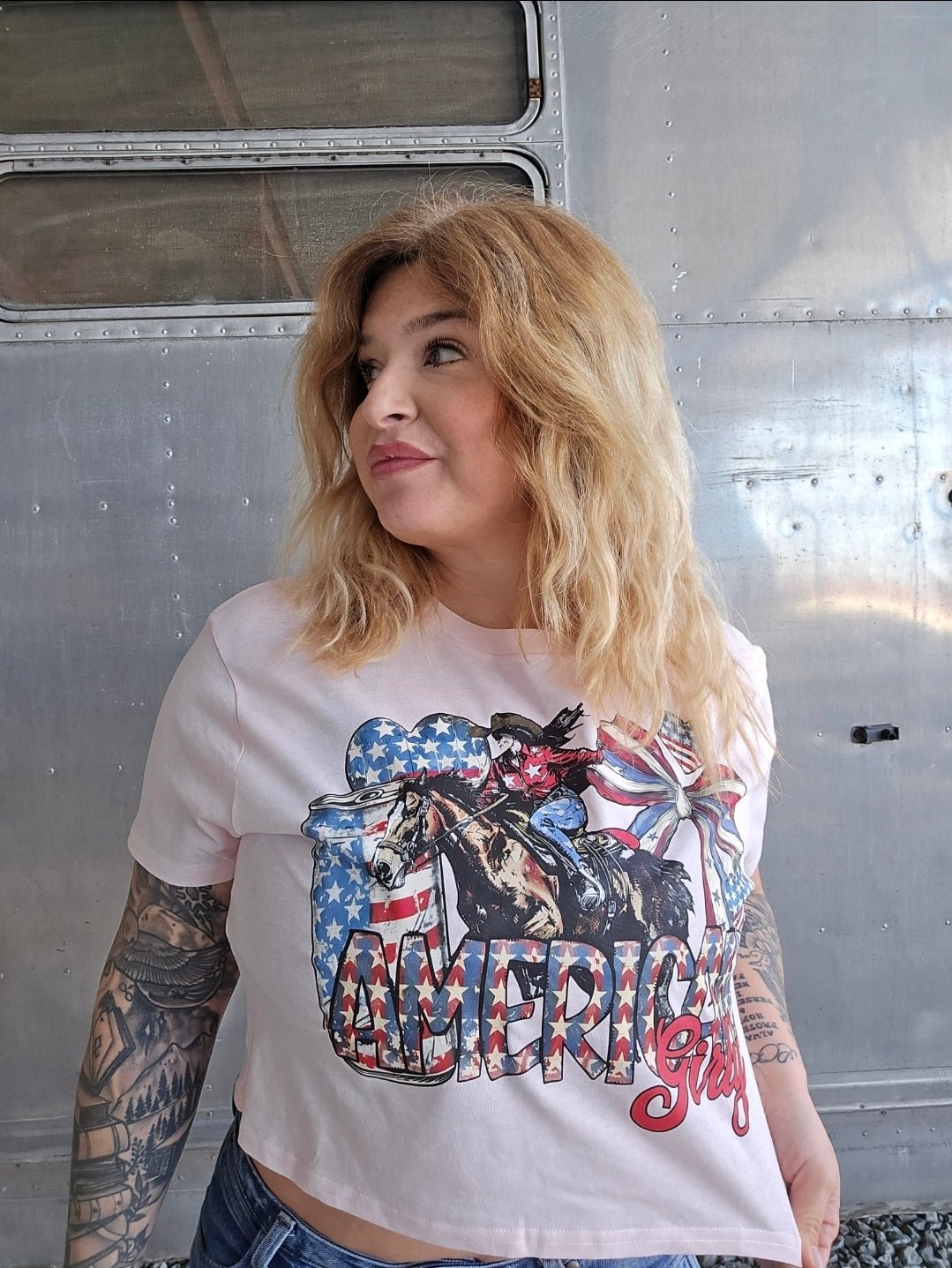 American Girl tee, patriotic western tee, horse graphic t-shirt, women’s western graphic tee, cowgirl patriotic shirt, stars and stripes tee, western boutique tee