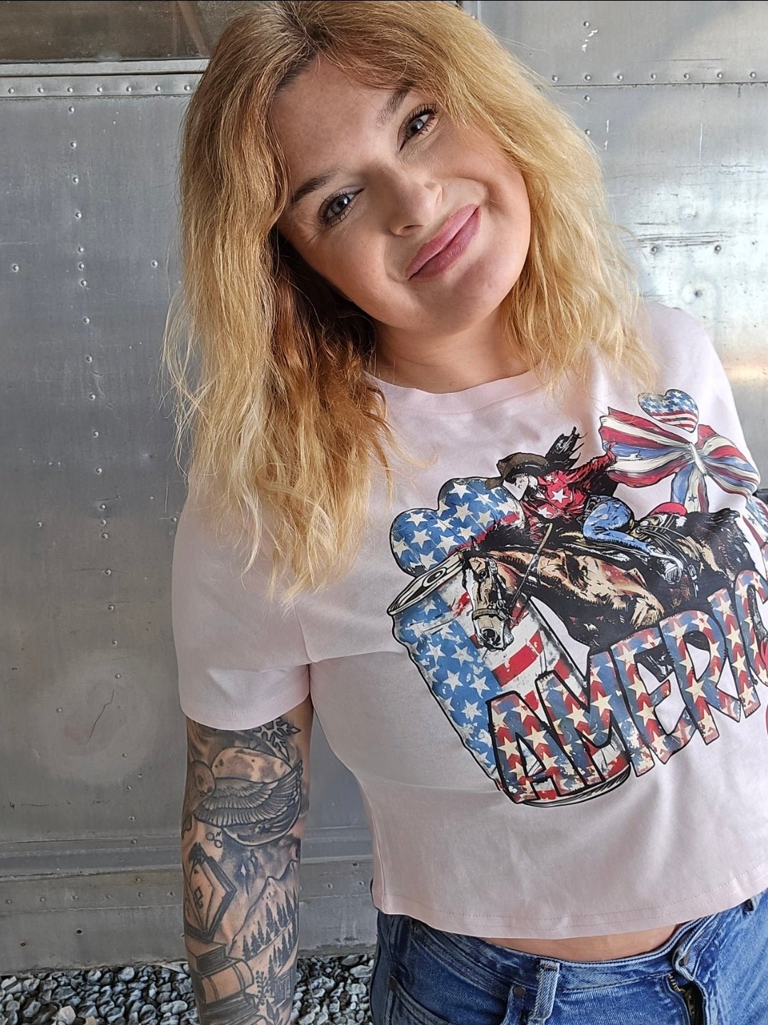 American Girl tee - Pistols 'n Petticoats - western boutique American Girl tee, patriotic western tee, horse graphic t-shirt, women’s western graphic tee, cowgirl patriotic shirt, stars and stripes tee, western boutique tee- womens western wear - western wear womens