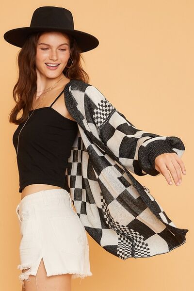 annie wear checkered cardigan, open front drop shoulder cardigan, western plaid knit cardigan, cowgirl open front cardigan, women’s checkered knit sweater, western cardigan women, country western outer layer