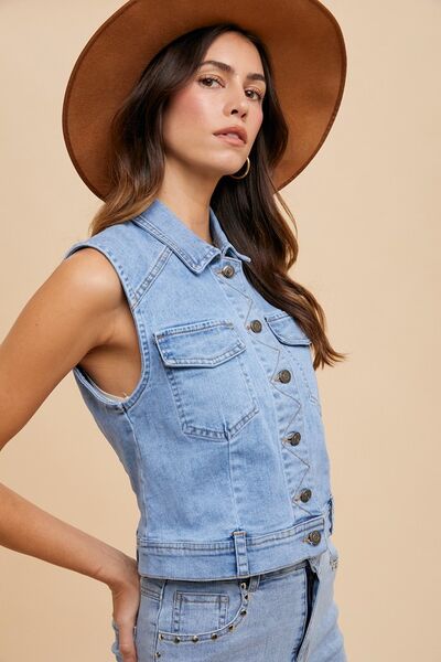 Annie Wear Collared Neck Button Down Denim Vest - Pistols 'n Petticoats - #westernboutique# - #westernfashion#