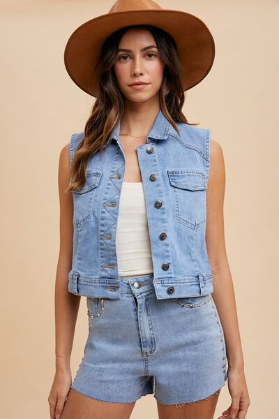 Annie Wear Collared Neck Button Down Denim Vest - Pistols 'n Petticoats - #westernboutique# - #westernfashion#