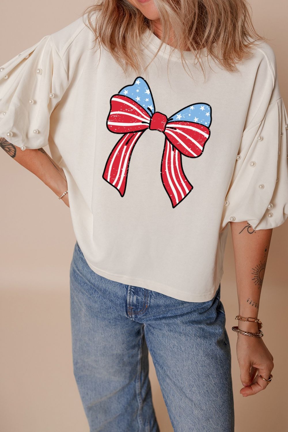 Bowknot Graphic Pearl Puff Half Sleeve T Shirt - Pistols 'n Petticoats - #westernboutique# - #westernfashion#