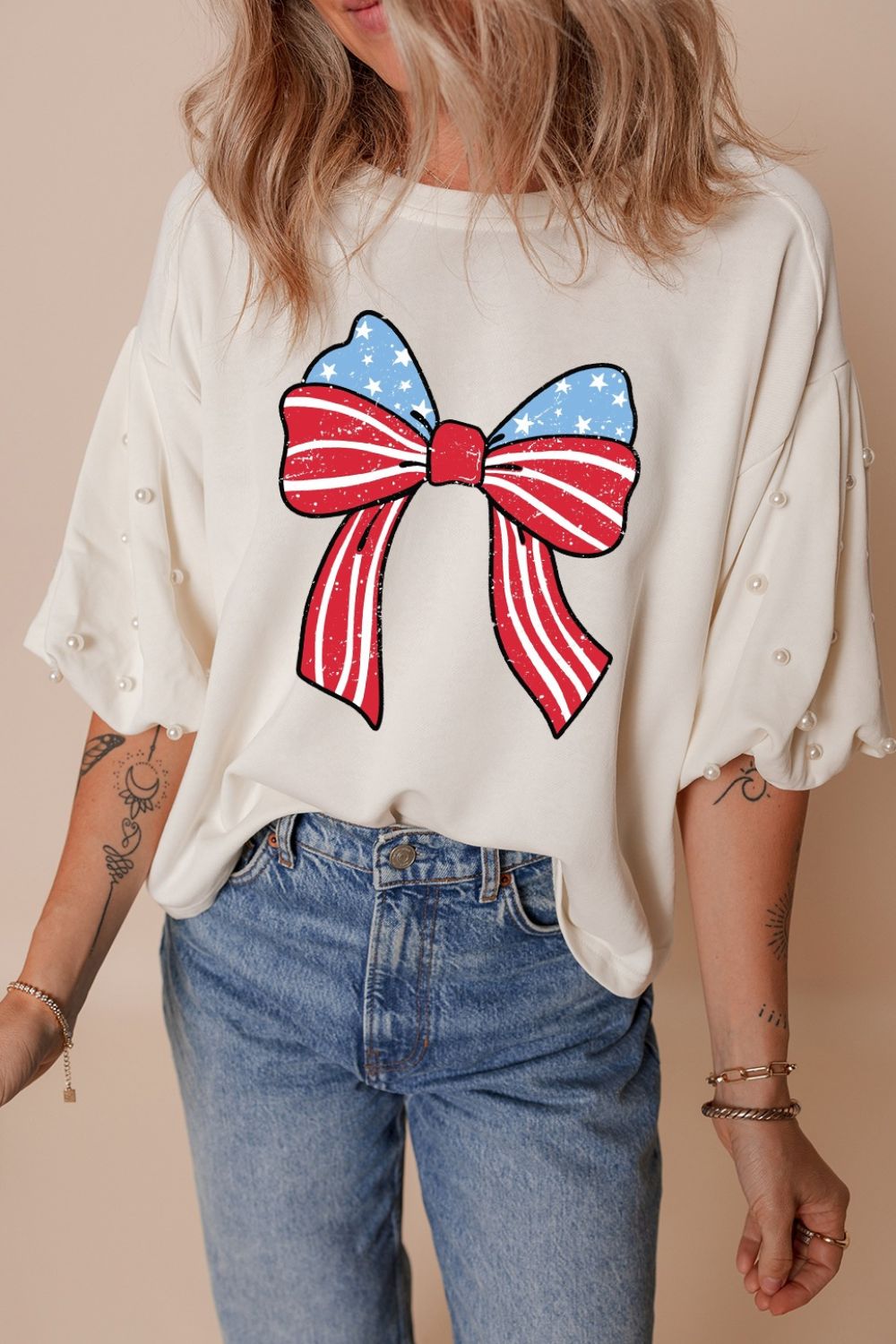 Bowknot Graphic Pearl Puff Half Sleeve T Shirt - Pistols 'n Petticoats - #westernboutique# - #westernfashion#