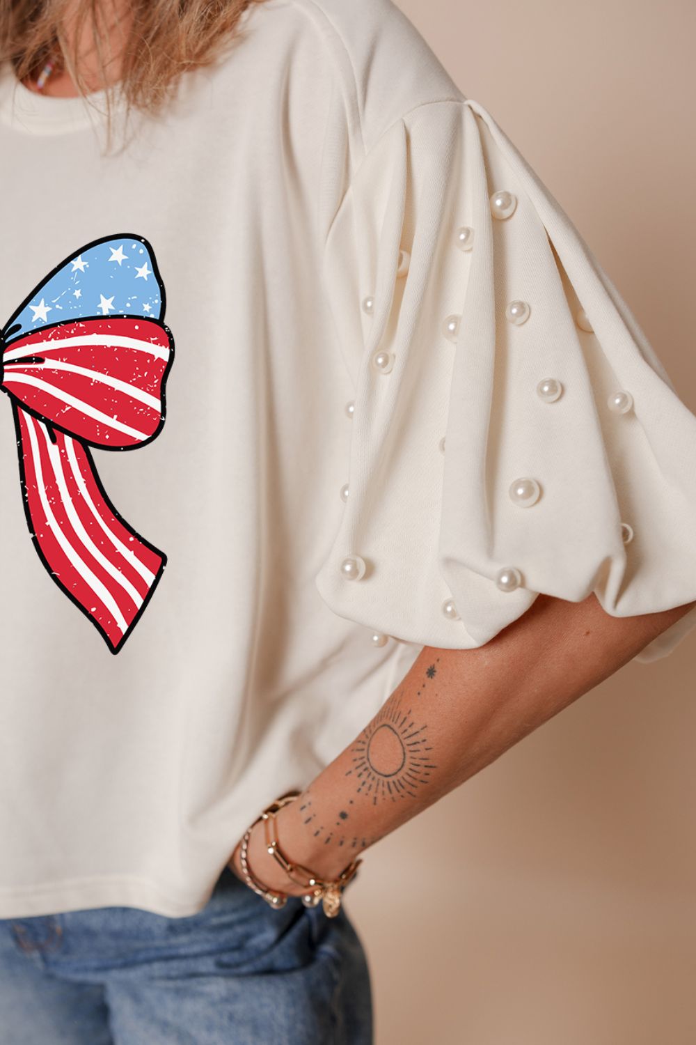 Bowknot Graphic Pearl Puff Half Sleeve T Shirt - Pistols 'n Petticoats - #westernboutique# - #westernfashion#