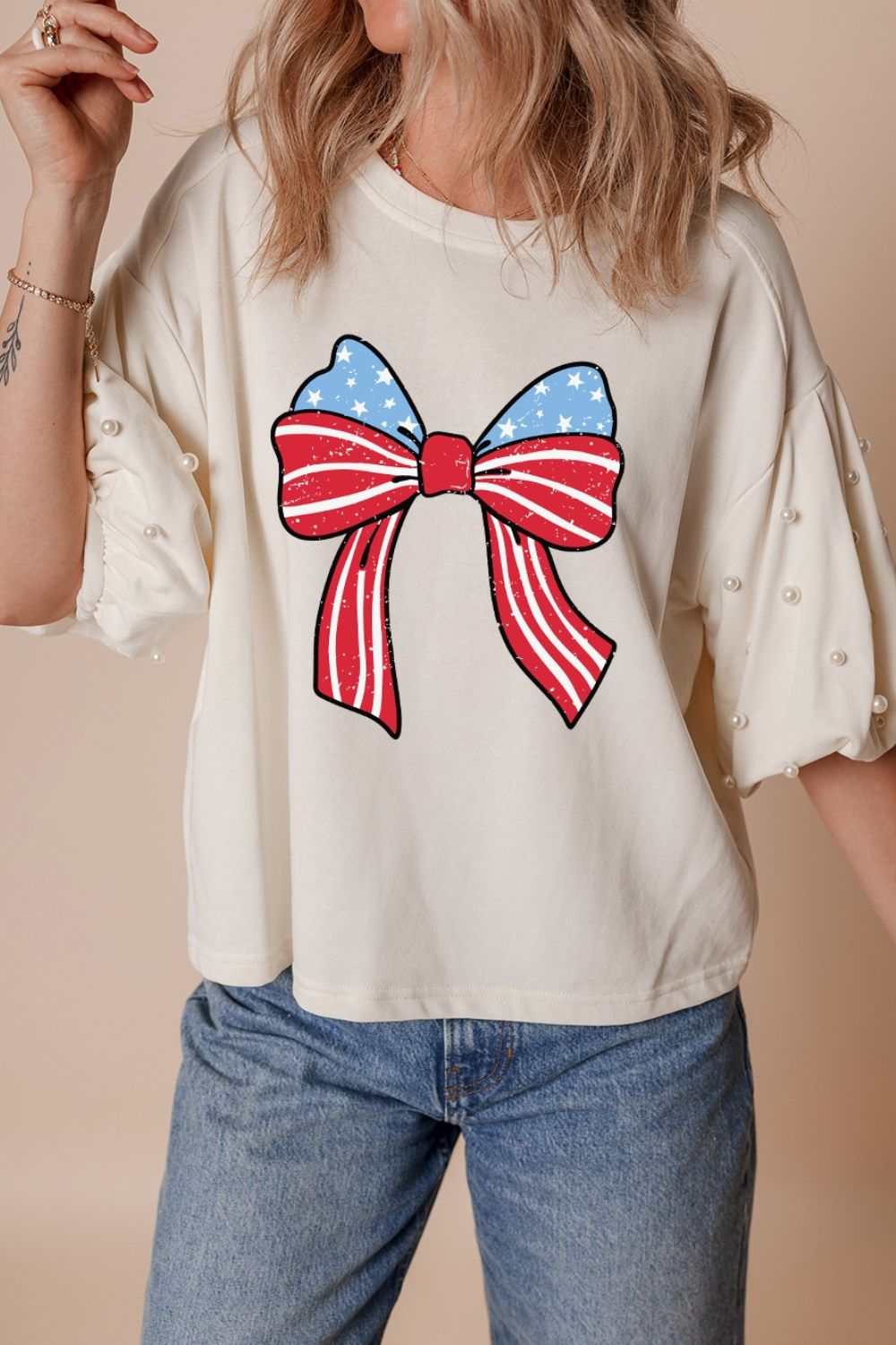 Bowknot Graphic Pearl Puff Half Sleeve T Shirt - Pistols 'n Petticoats - #westernboutique# - #westernfashion#