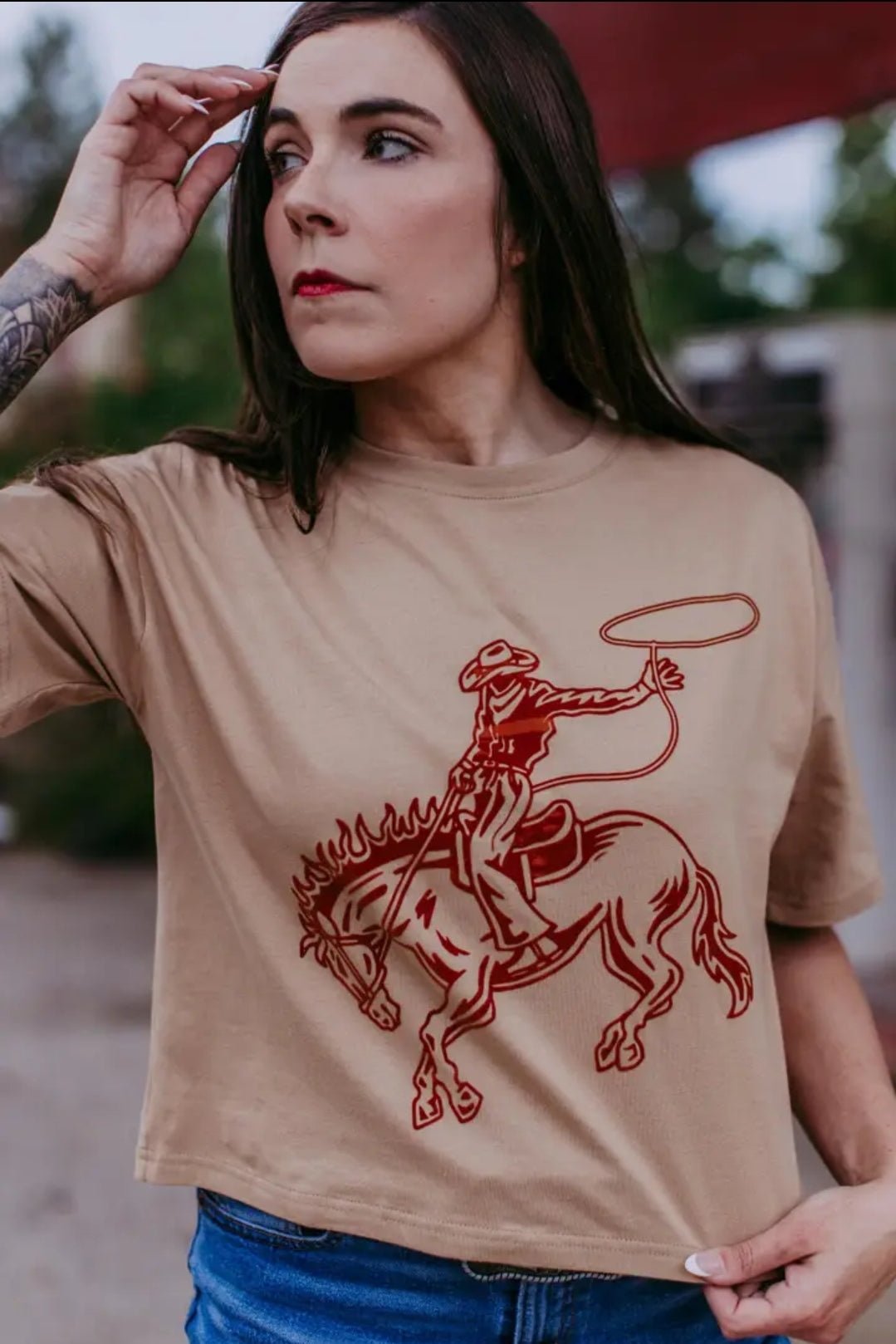 Bronco Ss Crop Tee - Brown - Pistols 'n Petticoats - #westernboutique# - #westernfashion#
