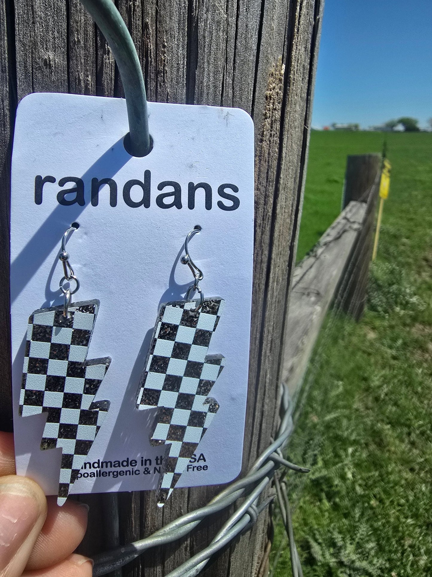 Checkered Lightening Bolt Dangles - Pistols 'n Petticoats - #westernboutique# - #westernfashion#