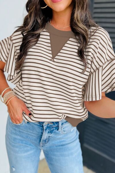 Contrast Striped Ruffle Short Sleeve Top - Pistols 'n Petticoats - #westernboutique# - #westernfashion#
