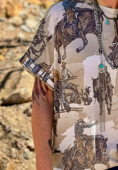 Cowboy Print Round Neck Short Sleeve T Shirt - Pistols 'n Petticoats - #westernboutique# - #westernfashion#