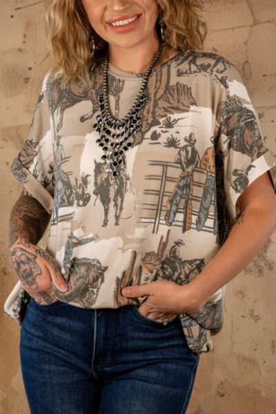 Cowboy Print Round Neck Short Sleeve T Shirt - Pistols 'n Petticoats - #westernboutique# - #westernfashion#