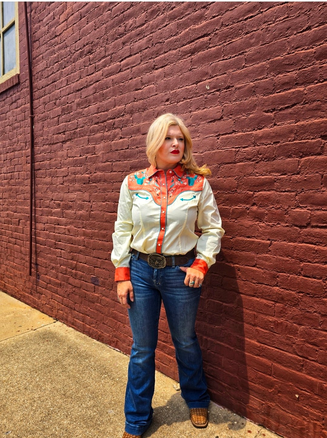 Cream and salmon pearl snap - Pistols 'n Petticoats - #westernboutique# - #westernfashion#