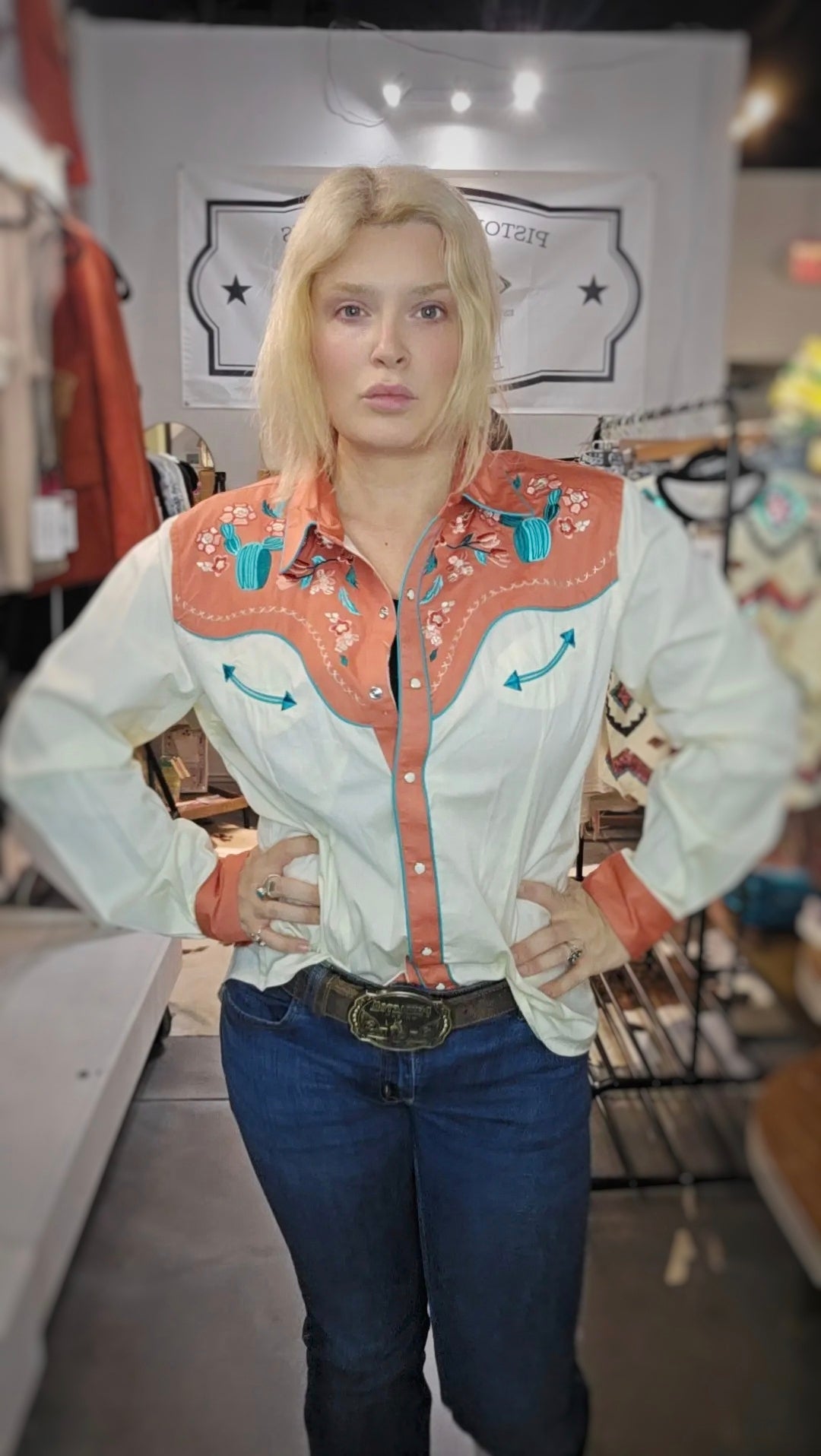 Cream and salmon pearl snap - Pistols 'n Petticoats - #westernboutique# - #westernfashion#