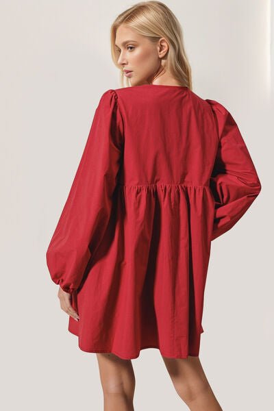 Double Take Christmas Front Tied Long Sleeve Mini Dress - Pistols 'n Petticoats - #westernboutique# - #westernfashion#