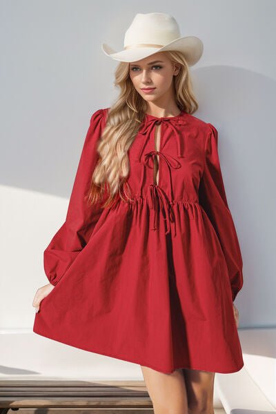 Double Take Christmas Front Tied Long Sleeve Mini Dress - Pistols 'n Petticoats - #westernboutique# - #westernfashion#