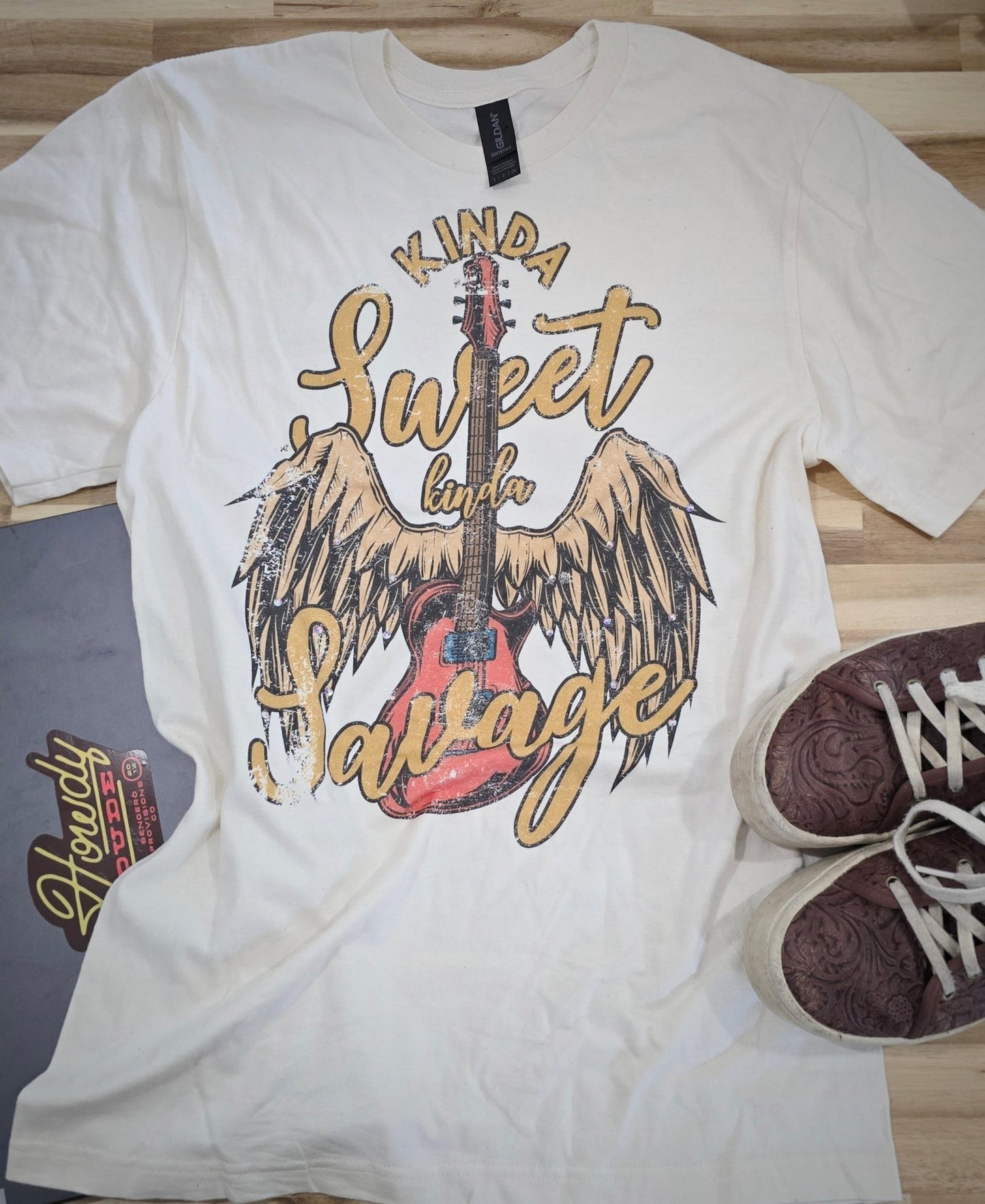 kinda sweet kinda savage tee, western attitude tee, cowgirl graphic t-shirt, women’s western tee, sweet savage shirt, country graphic tee, bold western tee