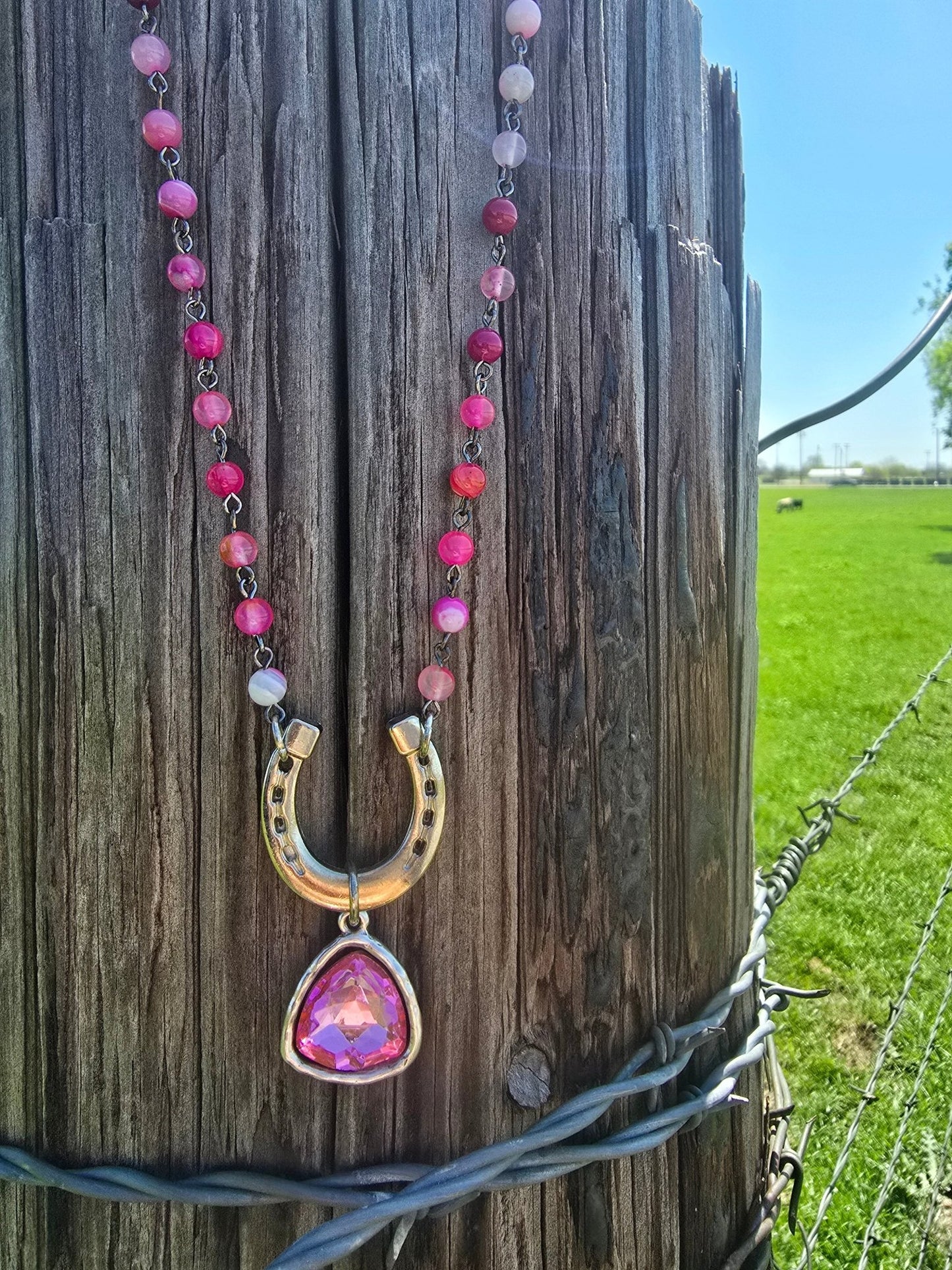 Pink Beaded Horse Shoe necklace - Pistols 'n Petticoats - #westernboutique# - #westernfashion#