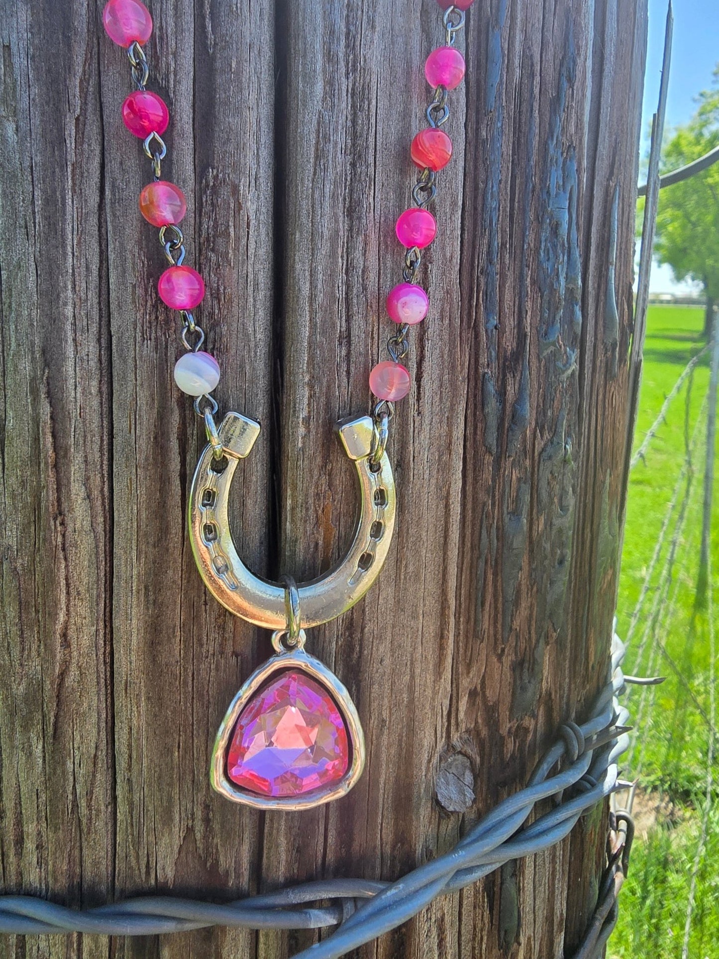 Pink Beaded Horse Shoe necklace - Pistols 'n Petticoats - #westernboutique# - #westernfashion#