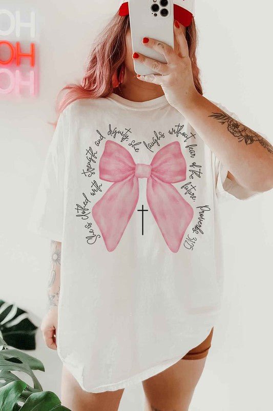 PROVERBS PINK BOW CHRISTIAN OVERSIZED GRAPHIC TEE - Pistols 'n Petticoats - #westernboutique# - #westernfashion#