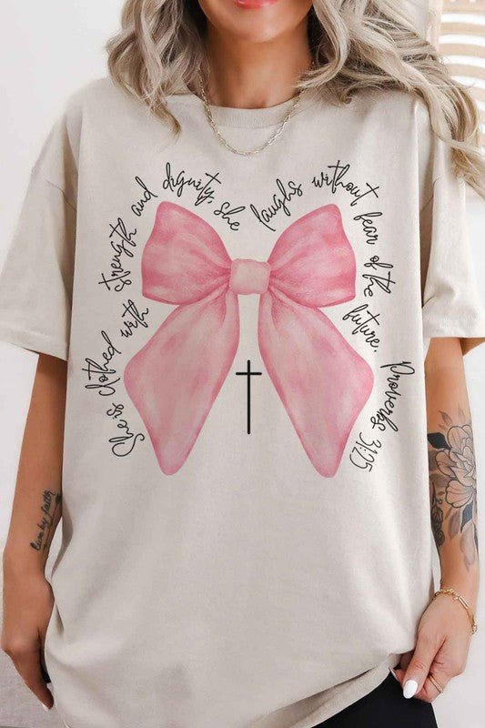 PROVERBS PINK BOW CHRISTIAN OVERSIZED GRAPHIC TEE - Pistols 'n Petticoats - #westernboutique# - #westernfashion#