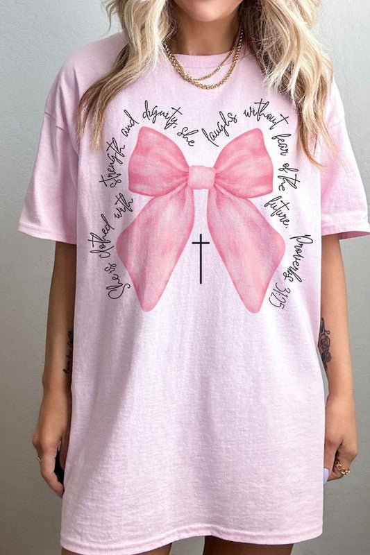 PROVERBS PINK BOW CHRISTIAN OVERSIZED GRAPHIC TEE - Pistols 'n Petticoats - #westernboutique# - #westernfashion#