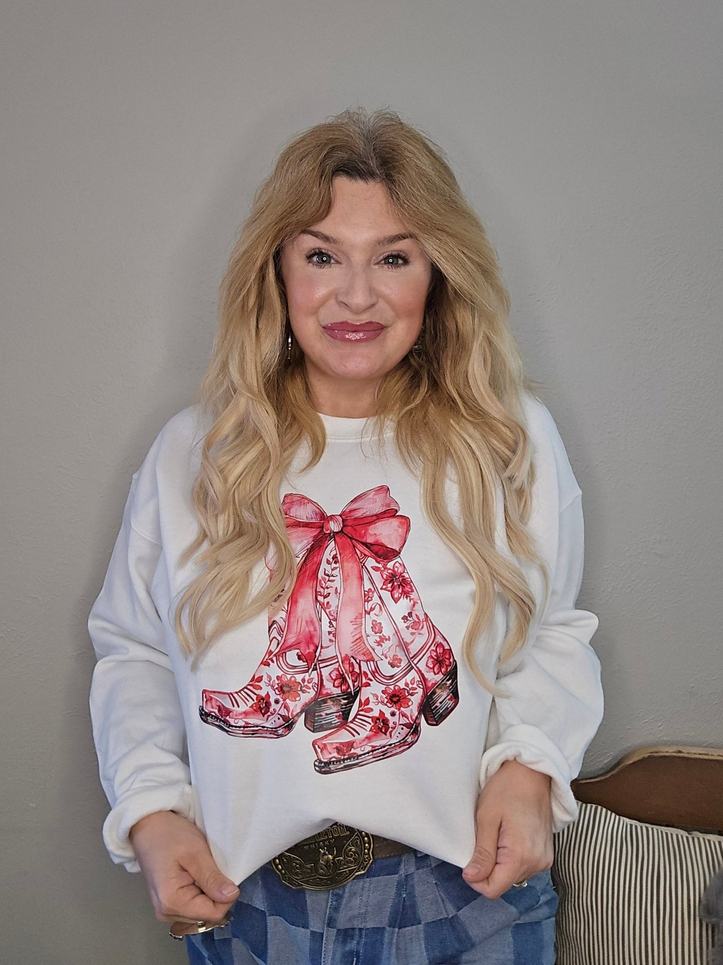 red boots sweater, western boot graphic sweater, cowgirl pullover, women’s graphic sweater, western sweater women, country western fashion, boot print sweater