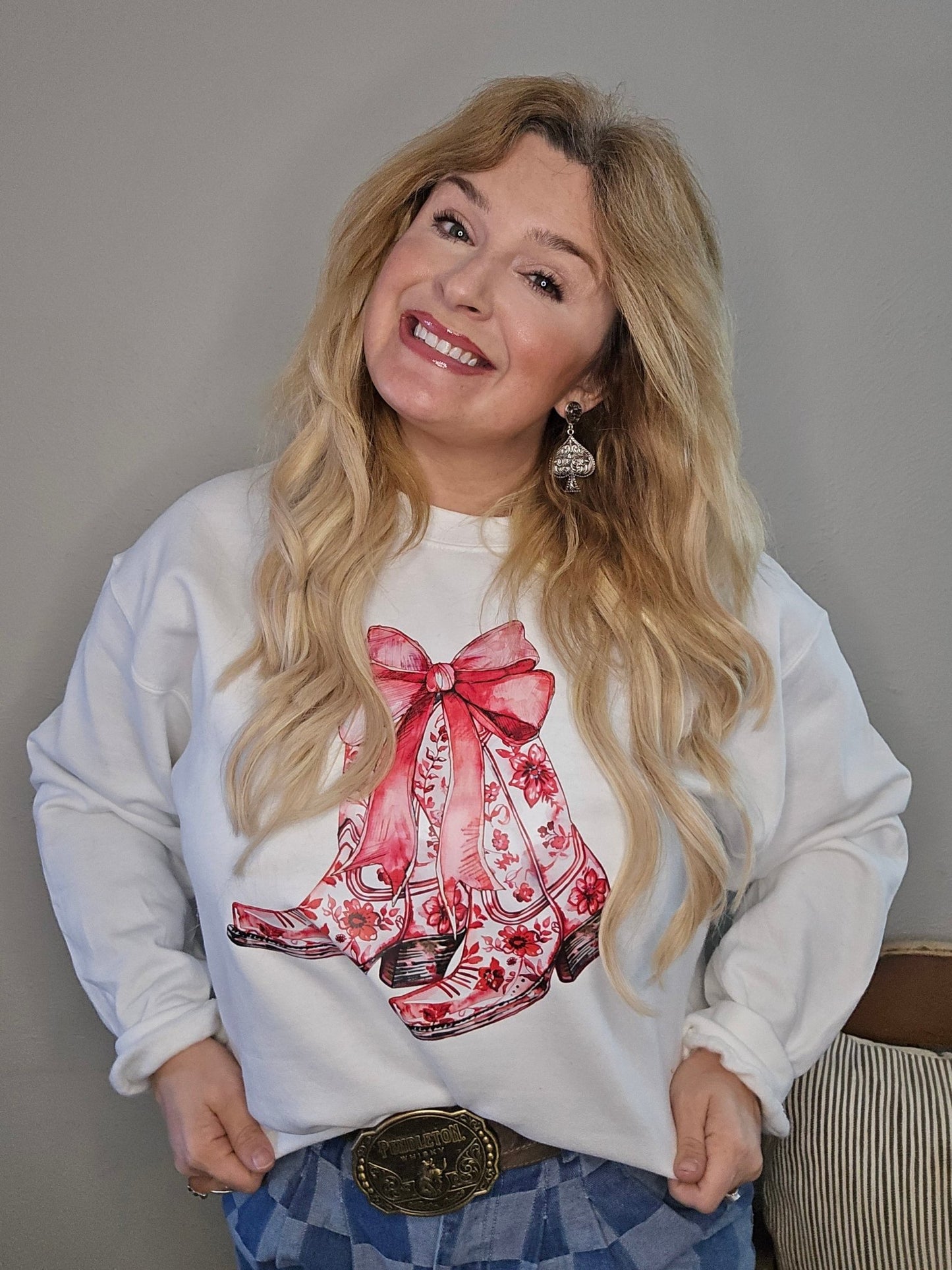 red boots sweater, western boot graphic sweater, cowgirl pullover, women’s graphic sweater, western sweater women, country western fashion, boot print sweater