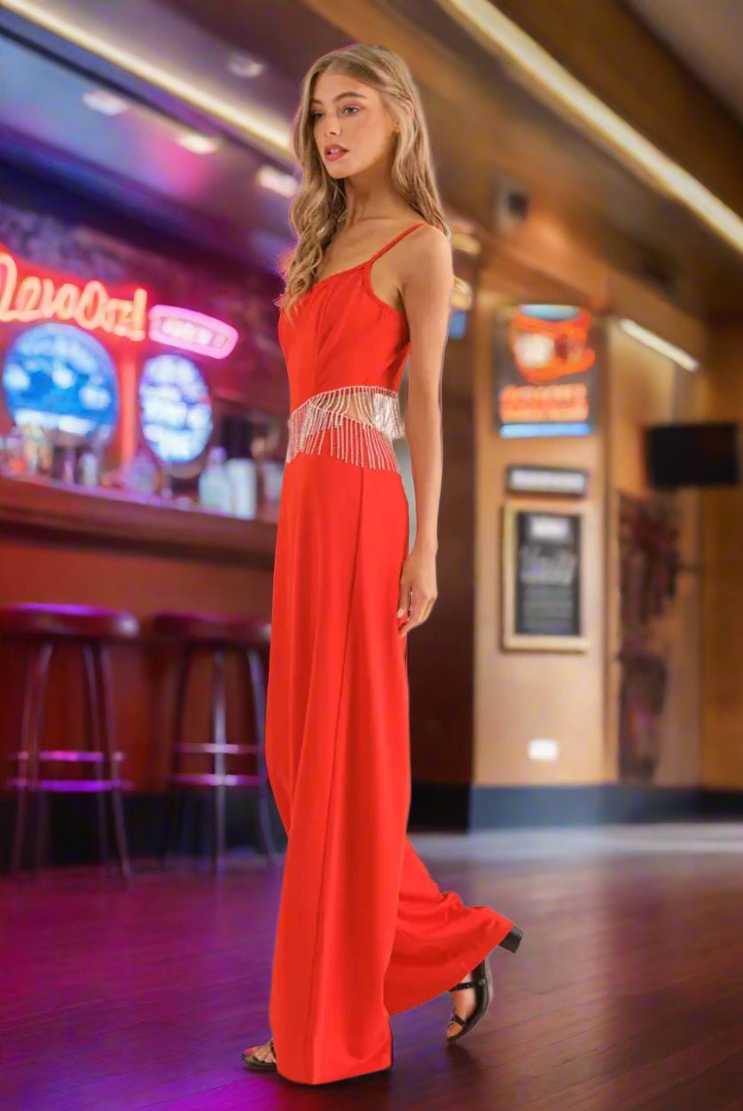 Rhinestone Fringe Cut Out Side Open Back Jumpsuit - Pistols 'n Petticoats - #westernboutique# - #westernfashion#