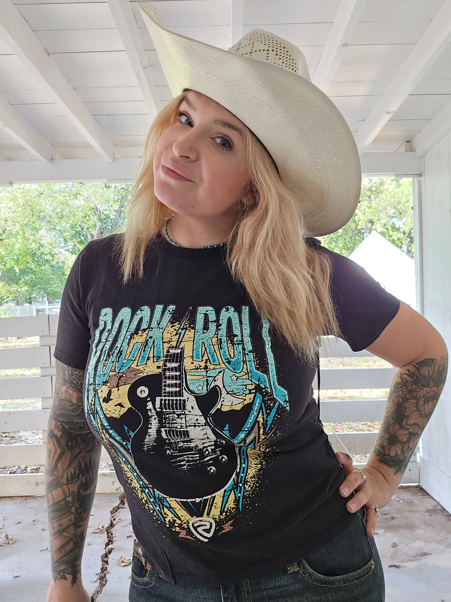 rock & roll rhinestone tee, rhinestone western tee, bling cowgirl t-shirt, rock graphic tee, women’s western rhinestone shirt, country concert tee, rhinestone graphic tee