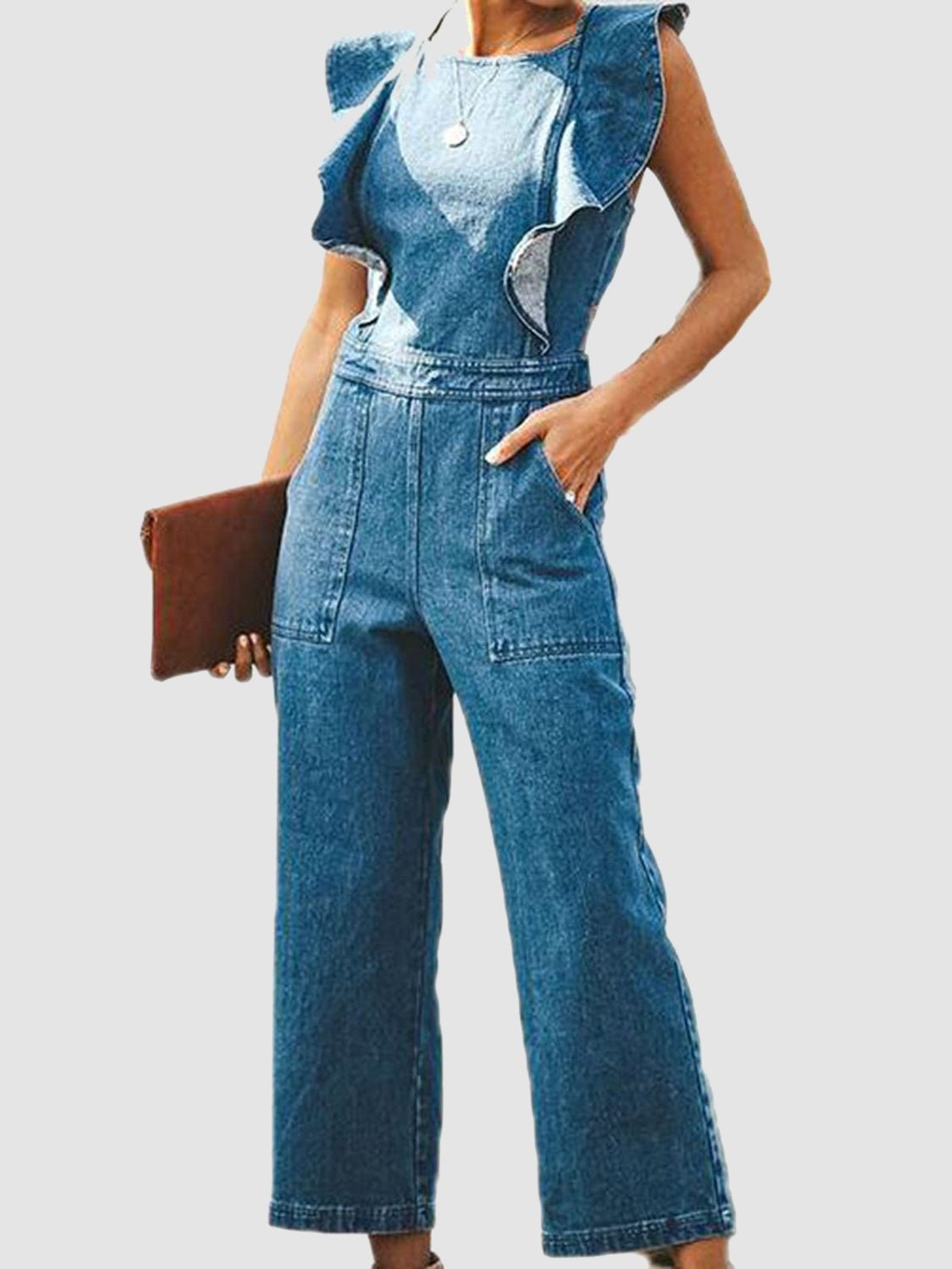 Ruffled Backless Sleeveless Denim Jumpsuit - Pistols 'n Petticoats - #westernboutique# - #westernfashion#