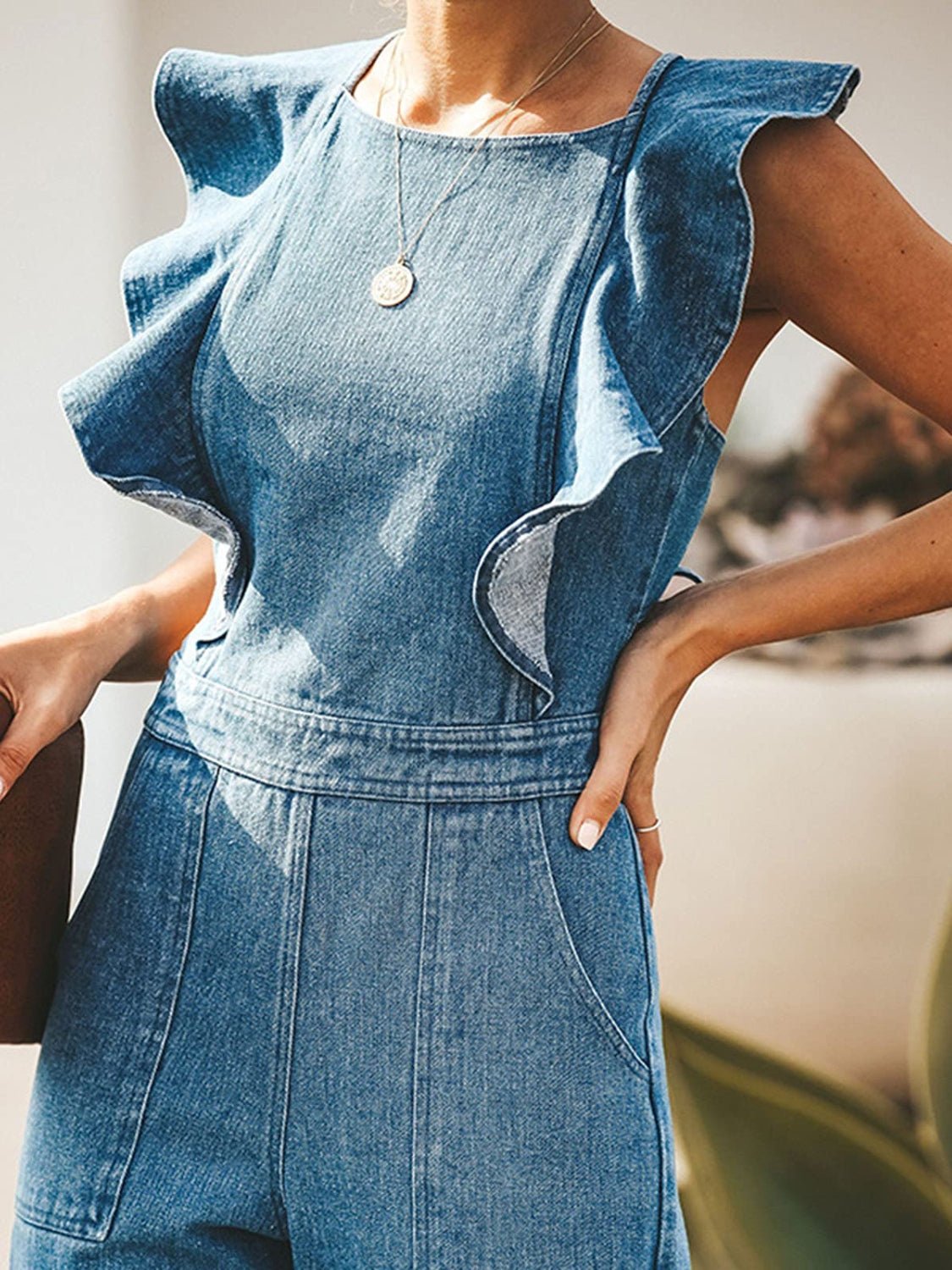 Ruffled Backless Sleeveless Denim Jumpsuit - Pistols 'n Petticoats - #westernboutique# - #westernfashion#