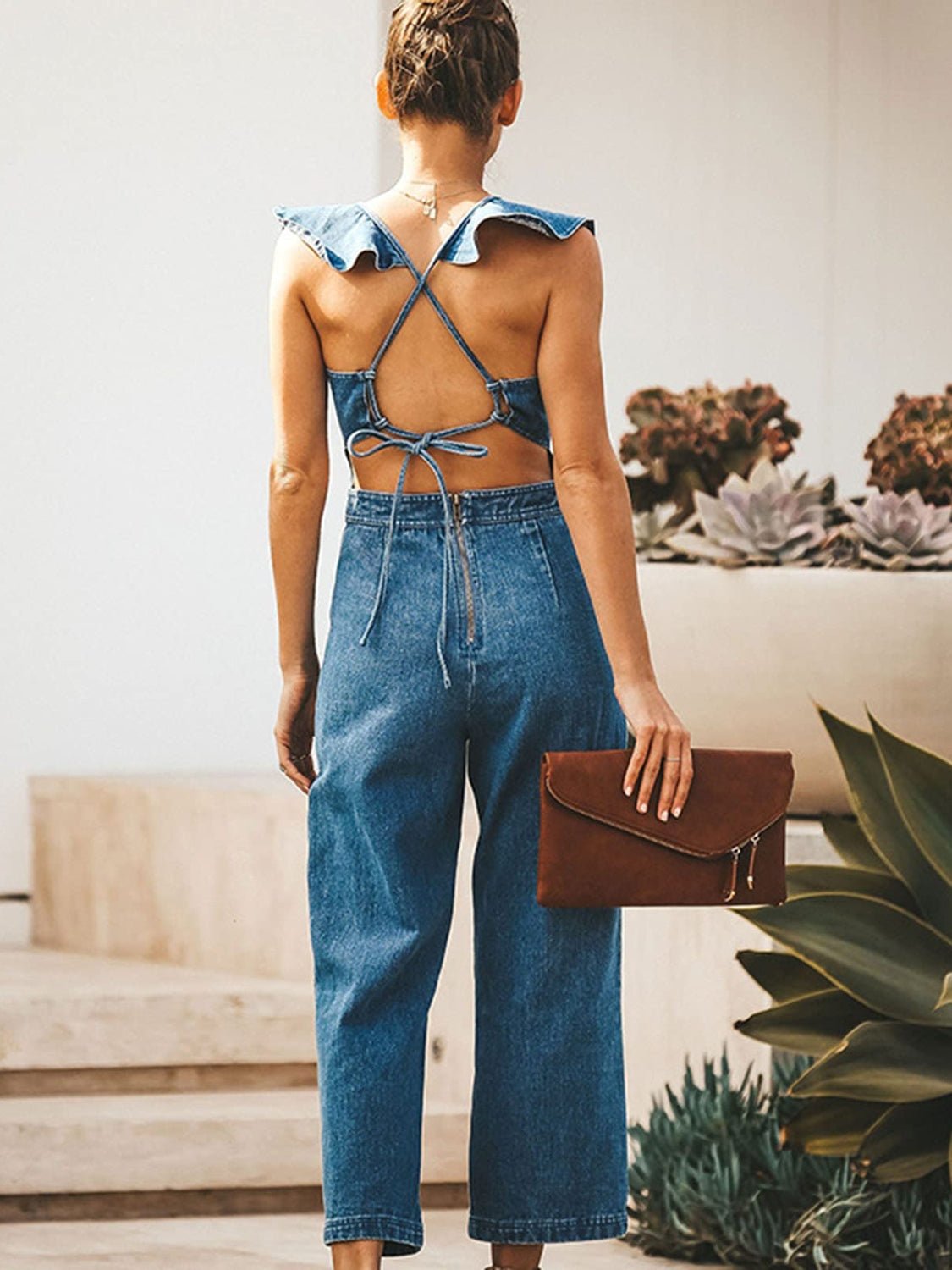 Ruffled Backless Sleeveless Denim Jumpsuit - Pistols 'n Petticoats - #westernboutique# - #westernfashion#