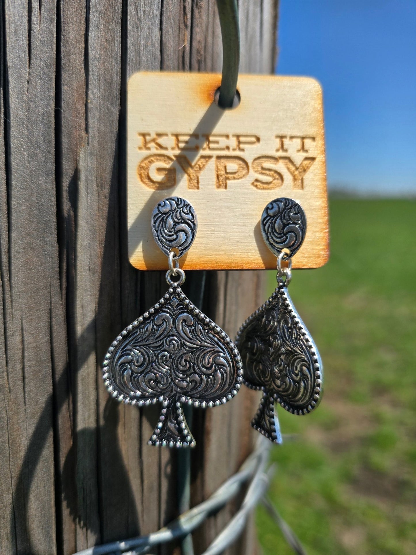 Spade Tooled Dangles - Pistols 'n Petticoats - #westernboutique# - #westernfashion#