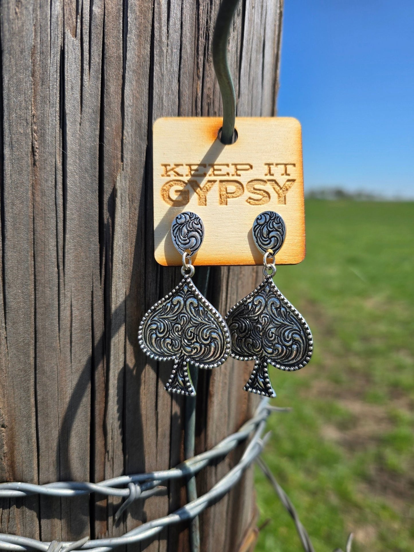 Spade Tooled Dangles - Pistols 'n Petticoats - #westernboutique# - #westernfashion#