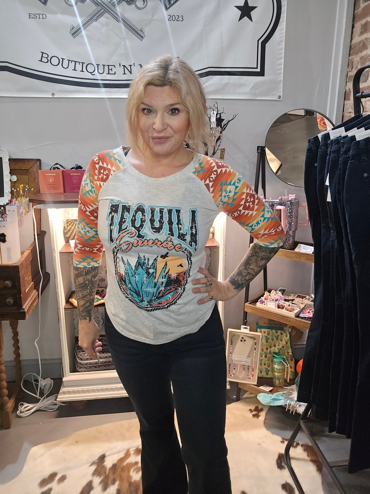 tequila graphic tee, quarter sleeve western tee, cowgirl drink shirt, women’s tequila t-shirt, western graphic top, country drink tee, graphic tee quarter sleeve