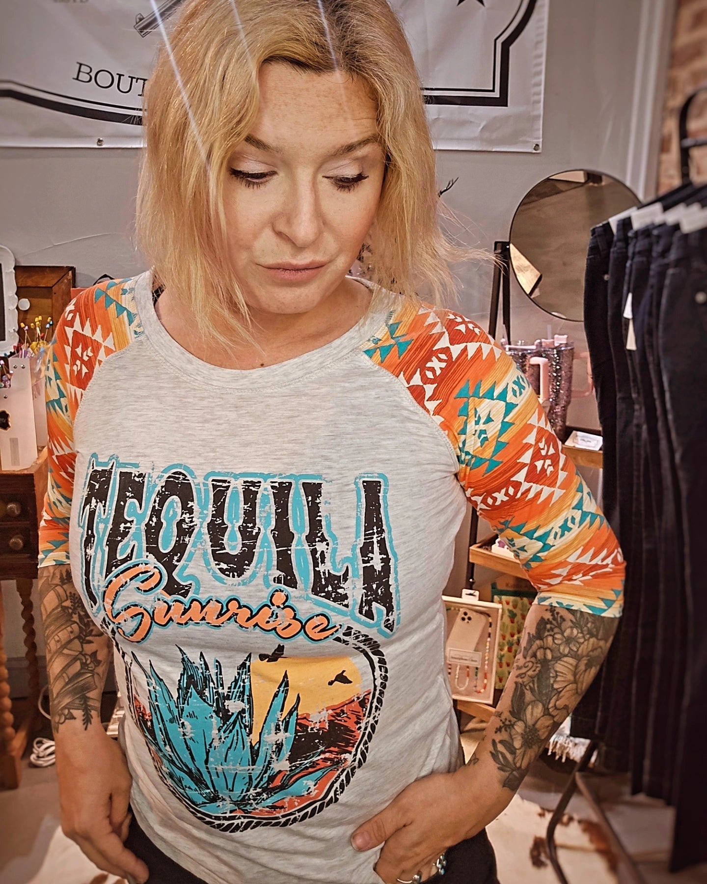 tequila graphic tee, quarter sleeve western tee, cowgirl drink shirt, women’s tequila t-shirt, western graphic top, country drink tee, graphic tee quarter sleeve