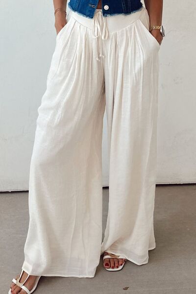 Tie Waist Pleated Wide Leg Pants - Pistols 'n Petticoats - #westernboutique# - #westernfashion#