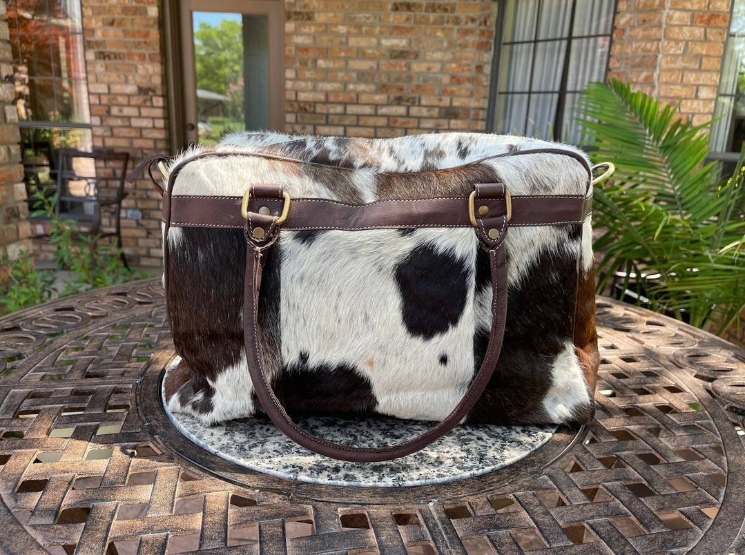 Weekender Duffle Leather Hair On Cowhide Duffel Travel Bag - cowhide weekender bag - Pistols 'n Petticoats - #westernboutique# - #westernfashion#