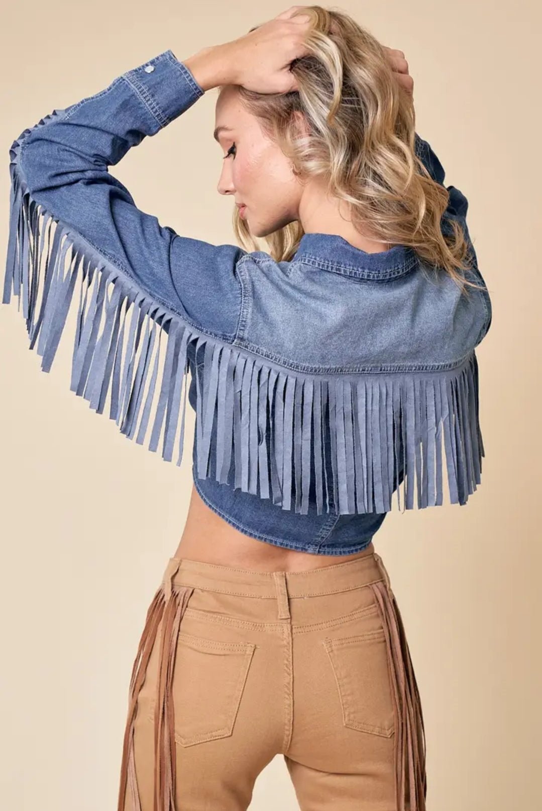 Western Denim Silver Studded Fringe Tie Front Shirt - denim button up shirt - Pistols 'n Petticoats - #westernboutique# - #westernfashion#
