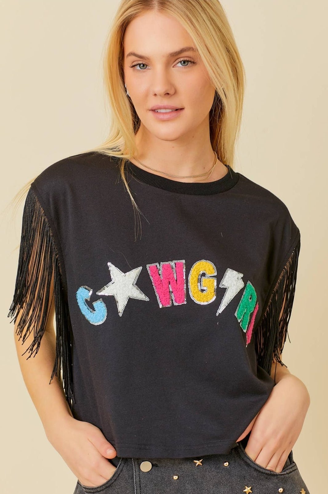 Western Fringe drop shoulder top - western fringe top - Pistols 'n Petticoats - #westernboutique# - #westernfashion#