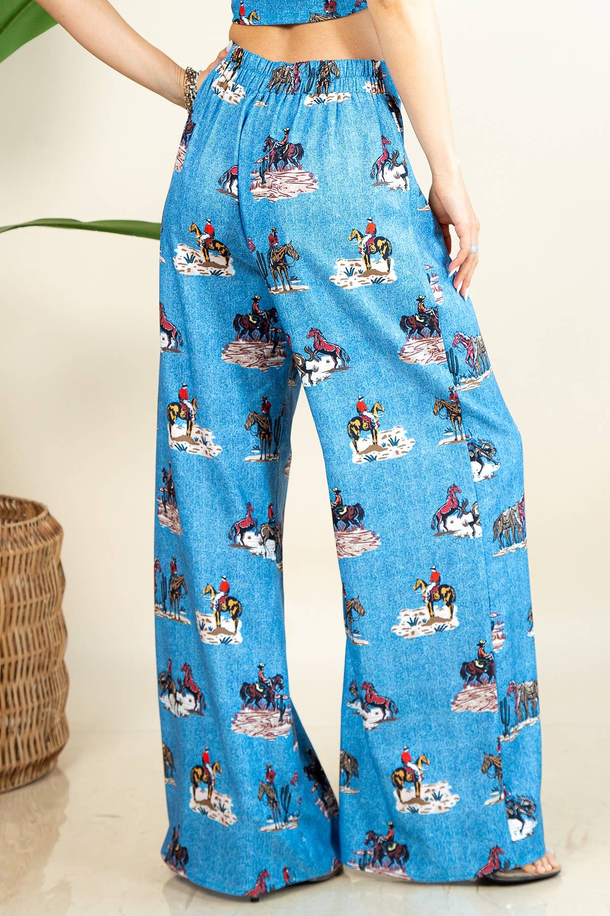 western running horses print pants, elastic waist wide leg trousers, cowgirl print slack pants, horse print wide-leg pants