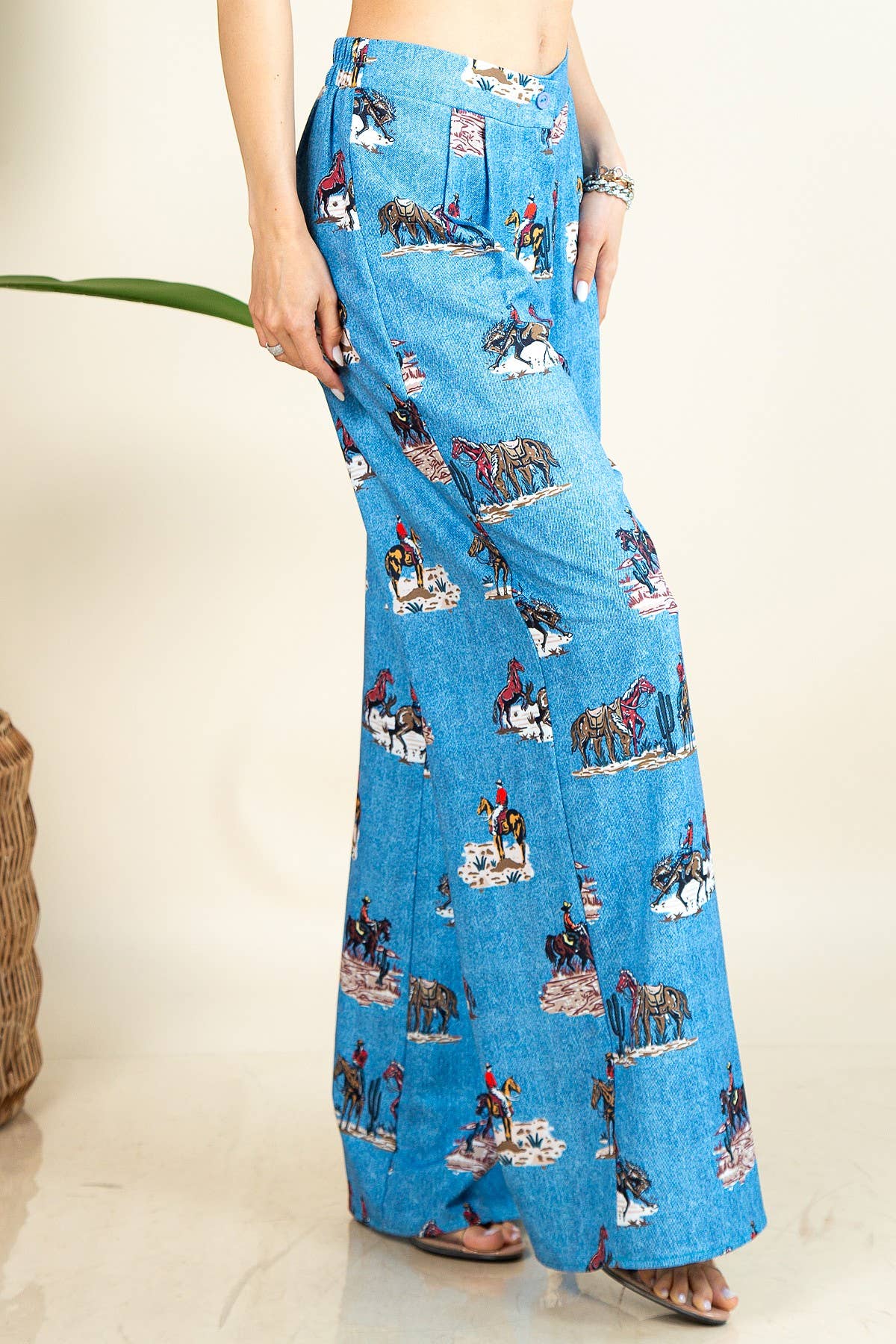 western running horses print pants, elastic waist wide leg trousers, cowgirl print slack pants, horse print wide-leg pants