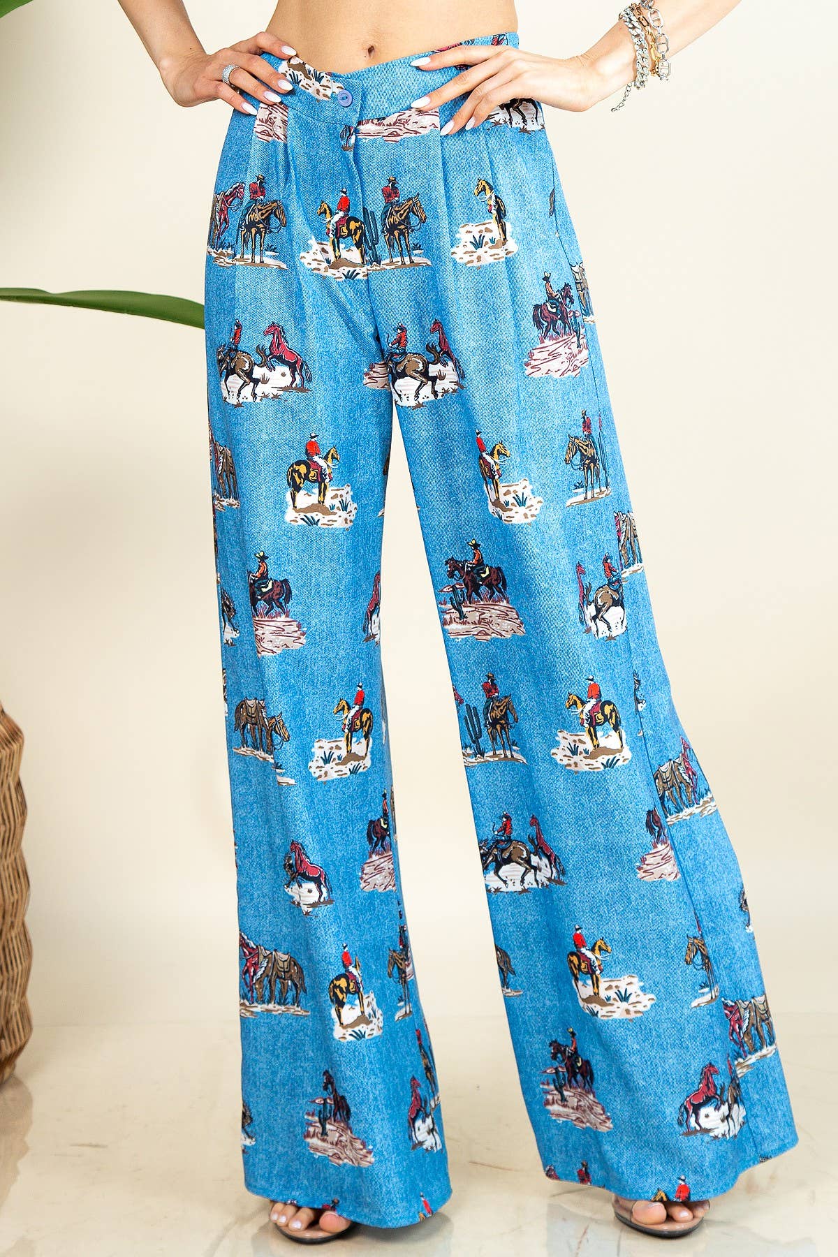 western running horses print pants, elastic waist wide leg trousers, cowgirl print slack pants, horse print wide-leg pants