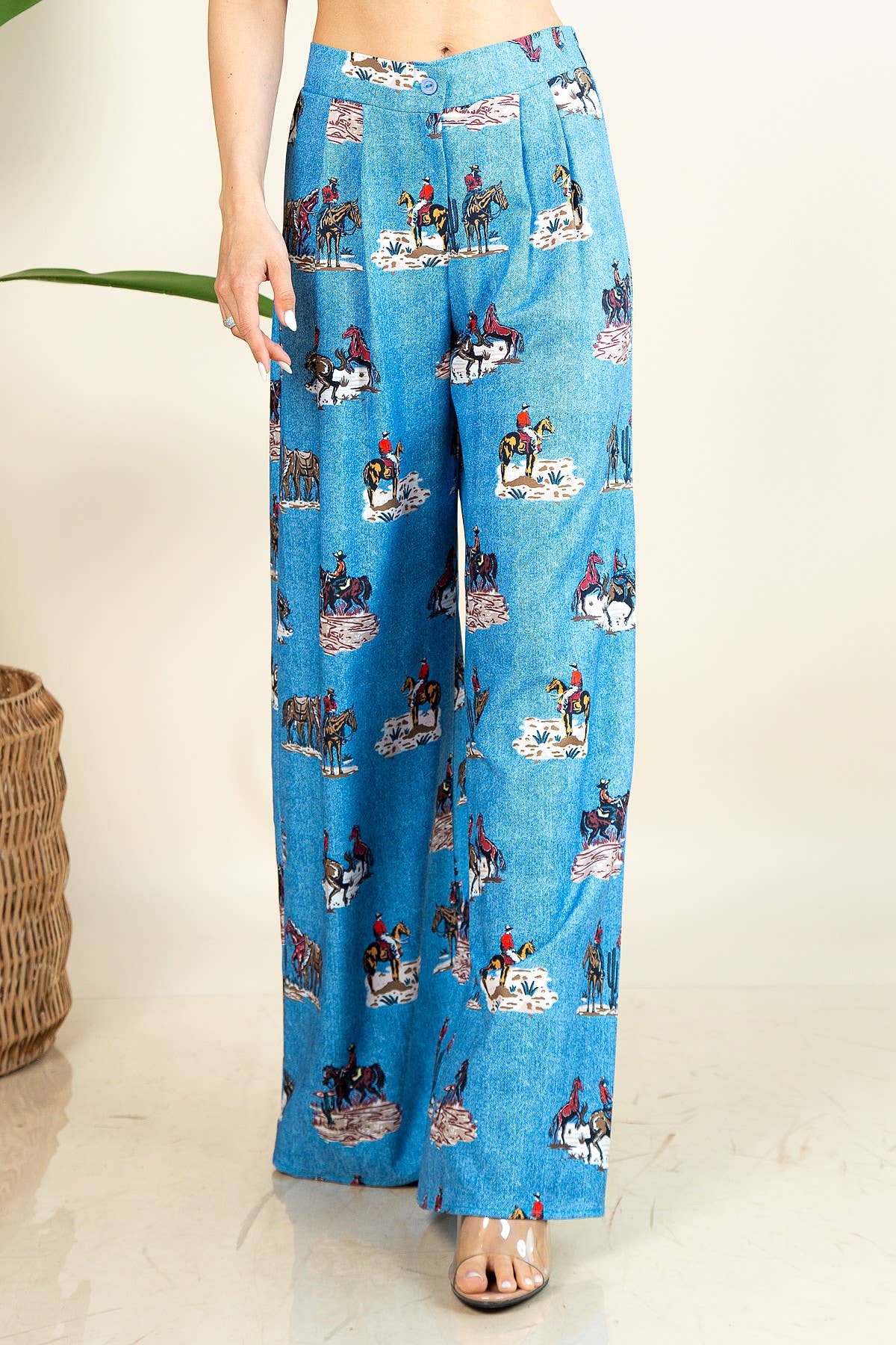 western running horses print pants, elastic waist wide leg trousers, cowgirl print slack pants, horse print wide-leg pants