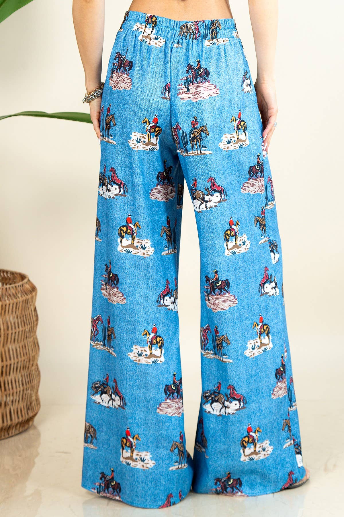 western running horses print pants, elastic waist wide leg trousers, cowgirl print slack pants, horse print wide-leg pants