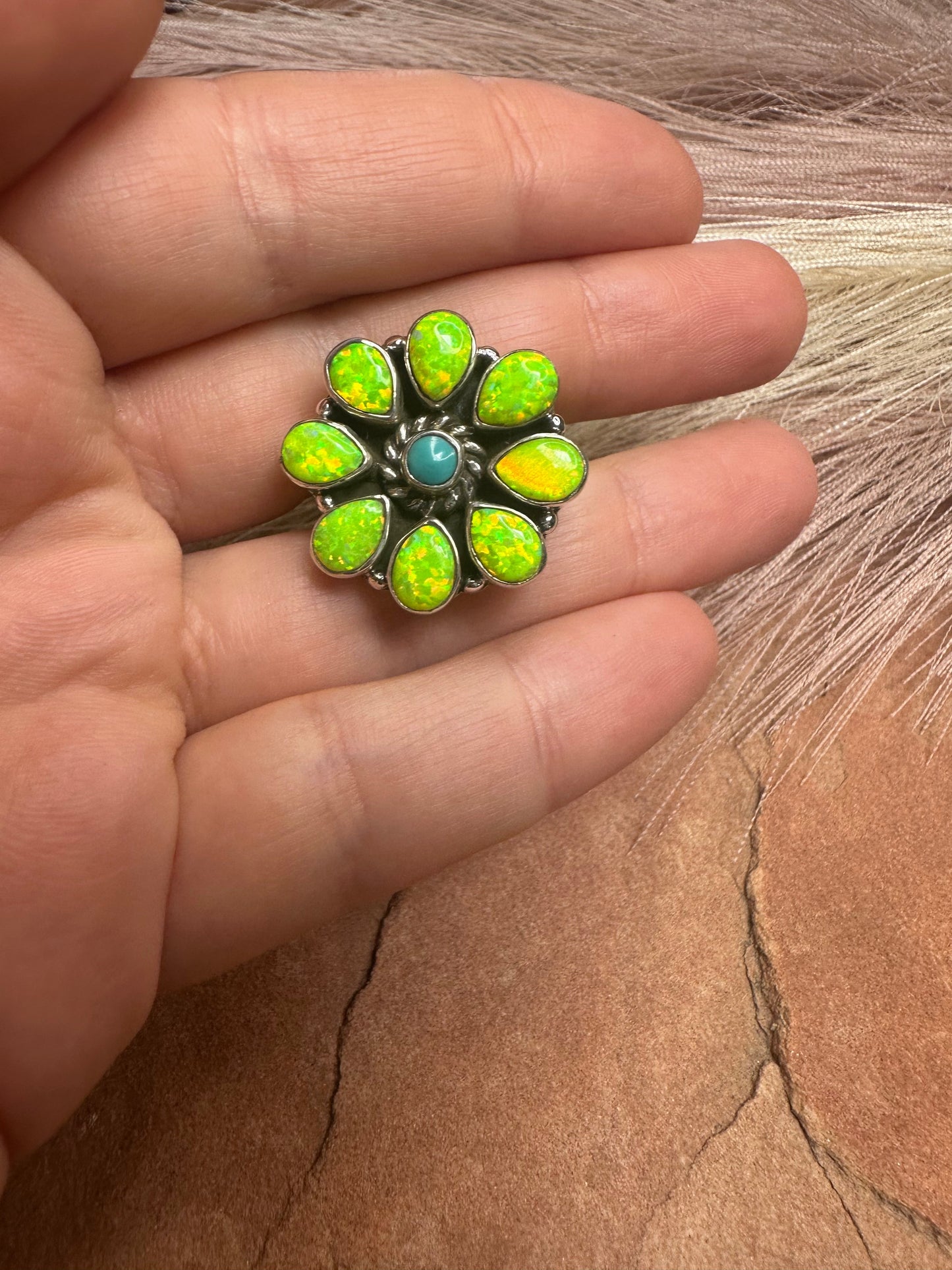 Beautiful Handmade Turquoise, Fire Opal And Sterling Silver Adjustable Ring