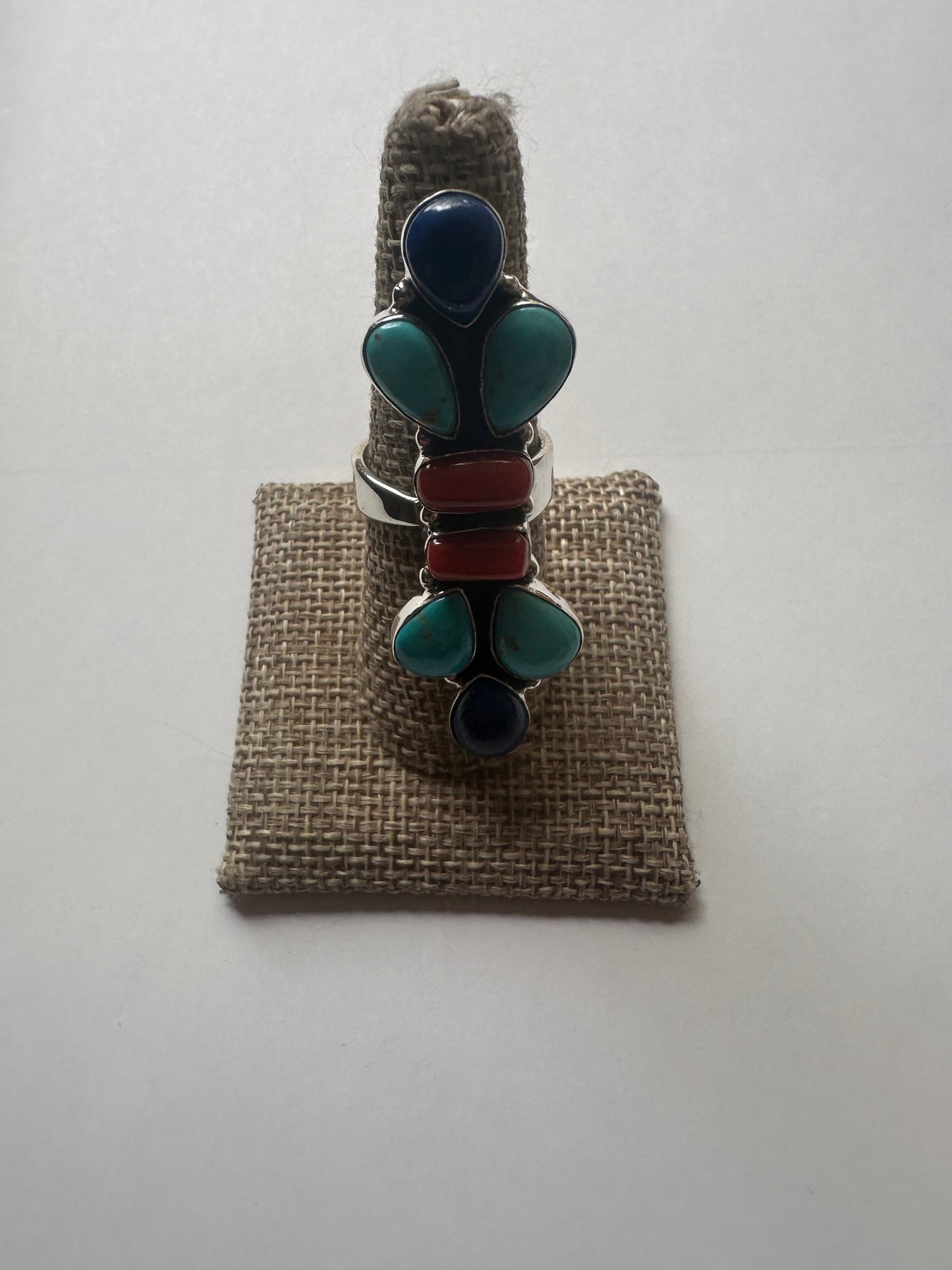 Beautiful Handmade Sterling Silver Lapis, Turquoise & Coral Adjustable Ring