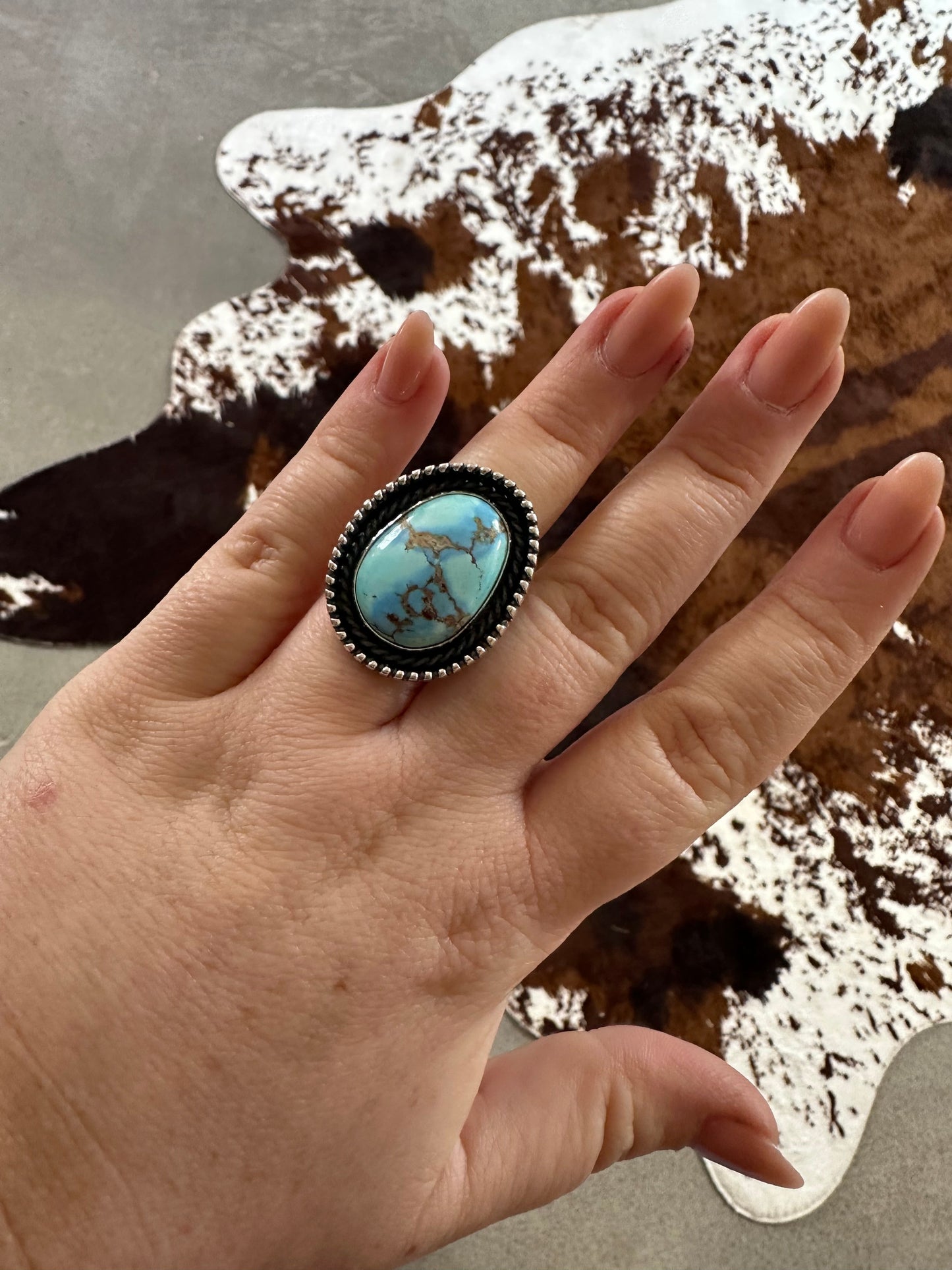 Beautiful Navajo Sterling Silver & Single Stone Golden Hills Turquoise Adjustable Ring Signed