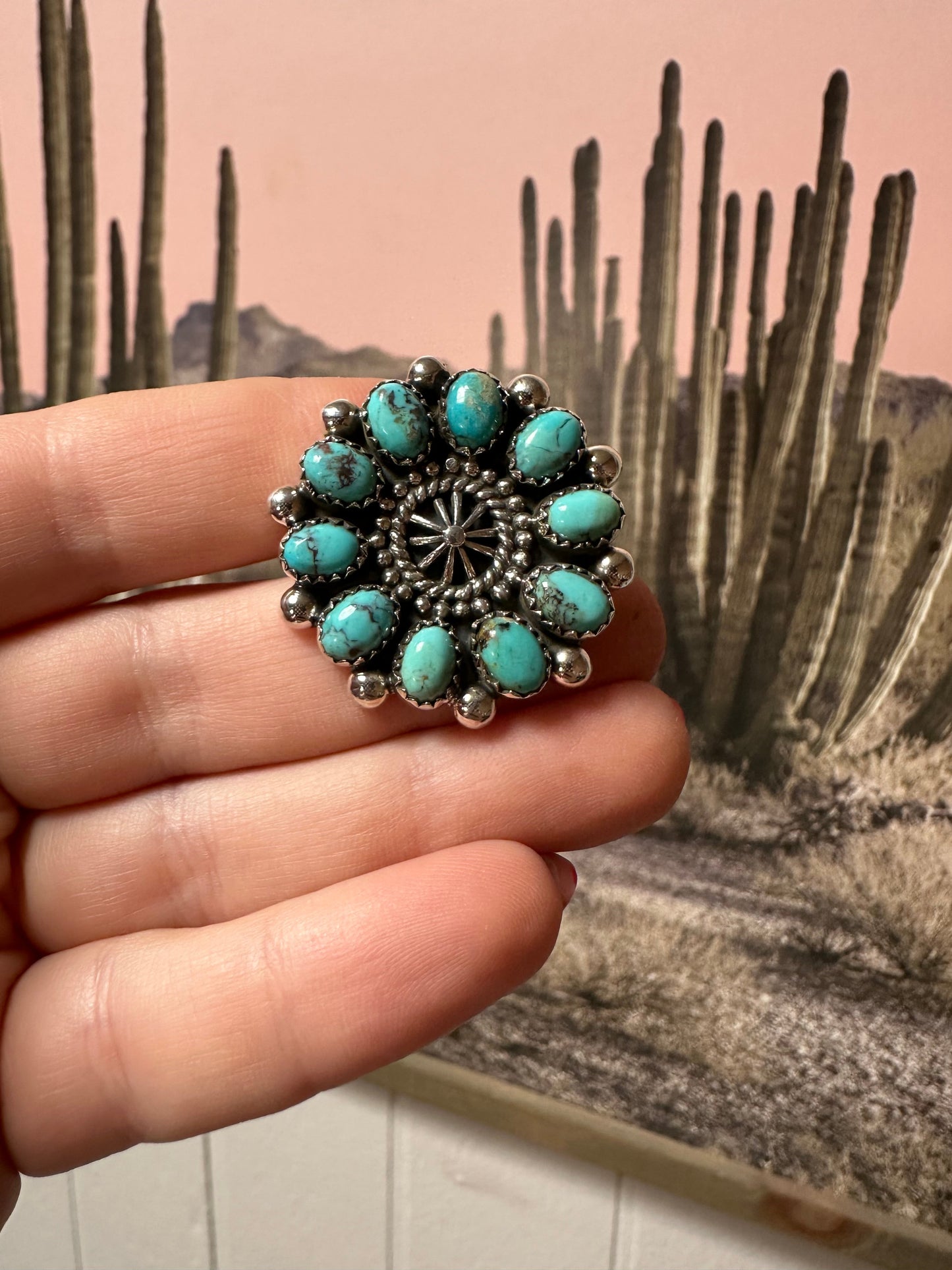 Beautiful Handmade Turquoise And Sterling Silver Adjustable Cluster Ring