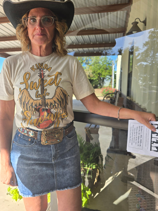 kinda sweet kinda savage tee, western attitude tee, cowgirl graphic t-shirt, women’s western tee, sweet savage shirt, country graphic tee, bold western tee